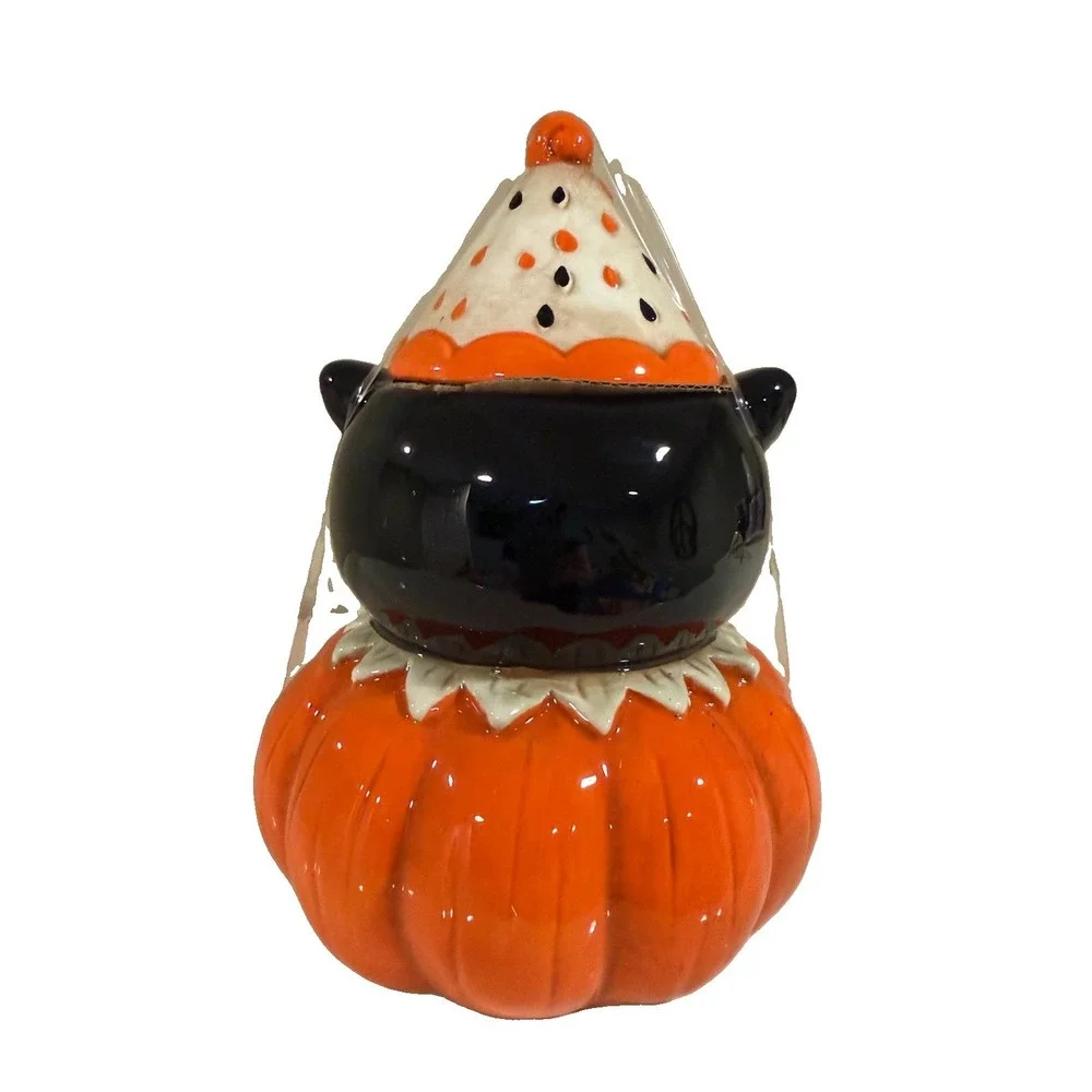 Johanna Parker Halloween Vintage Style Black Cat Pumpkin Ceramic Canister Hat